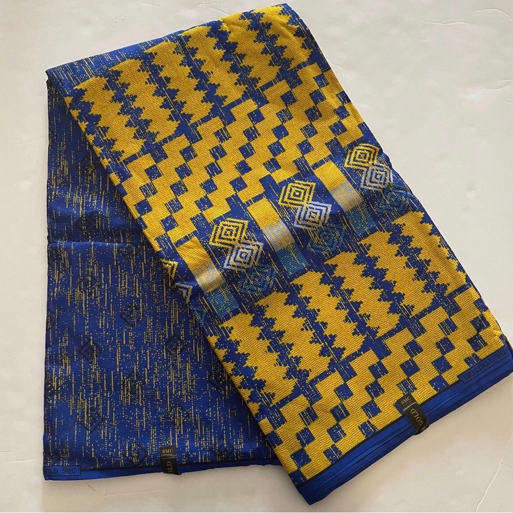 African Print Blue and Yellow Geometric Print Chevron Cotton Fabric - 3 Yards